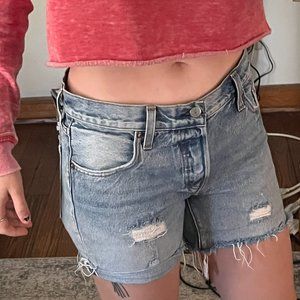 low-rise Levi's 501 Selvedge White Oak distressed denim shorts, W25